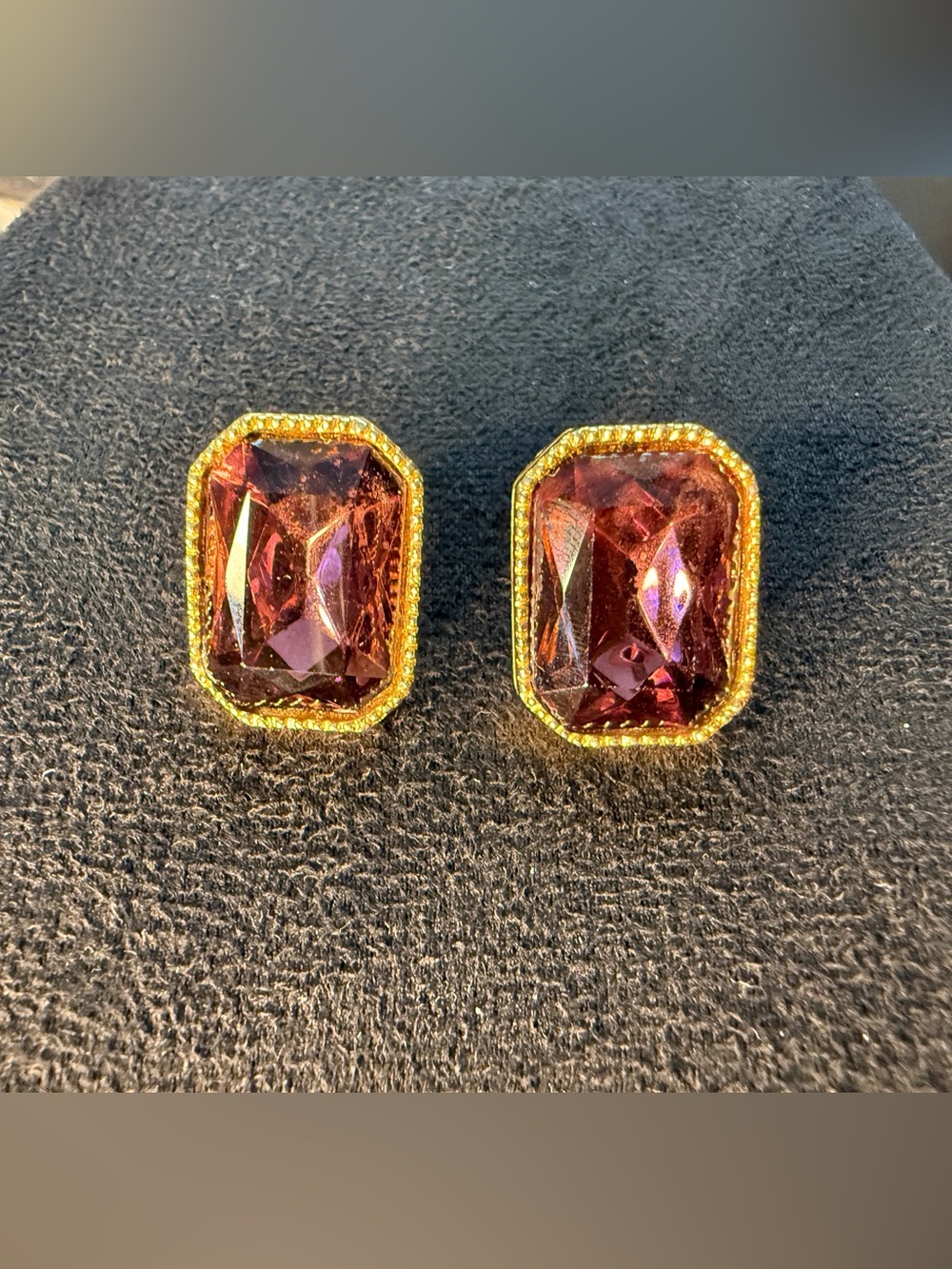 Vintage Gold Tone Emerald Cut Purple Glass Statement Stud Earrings